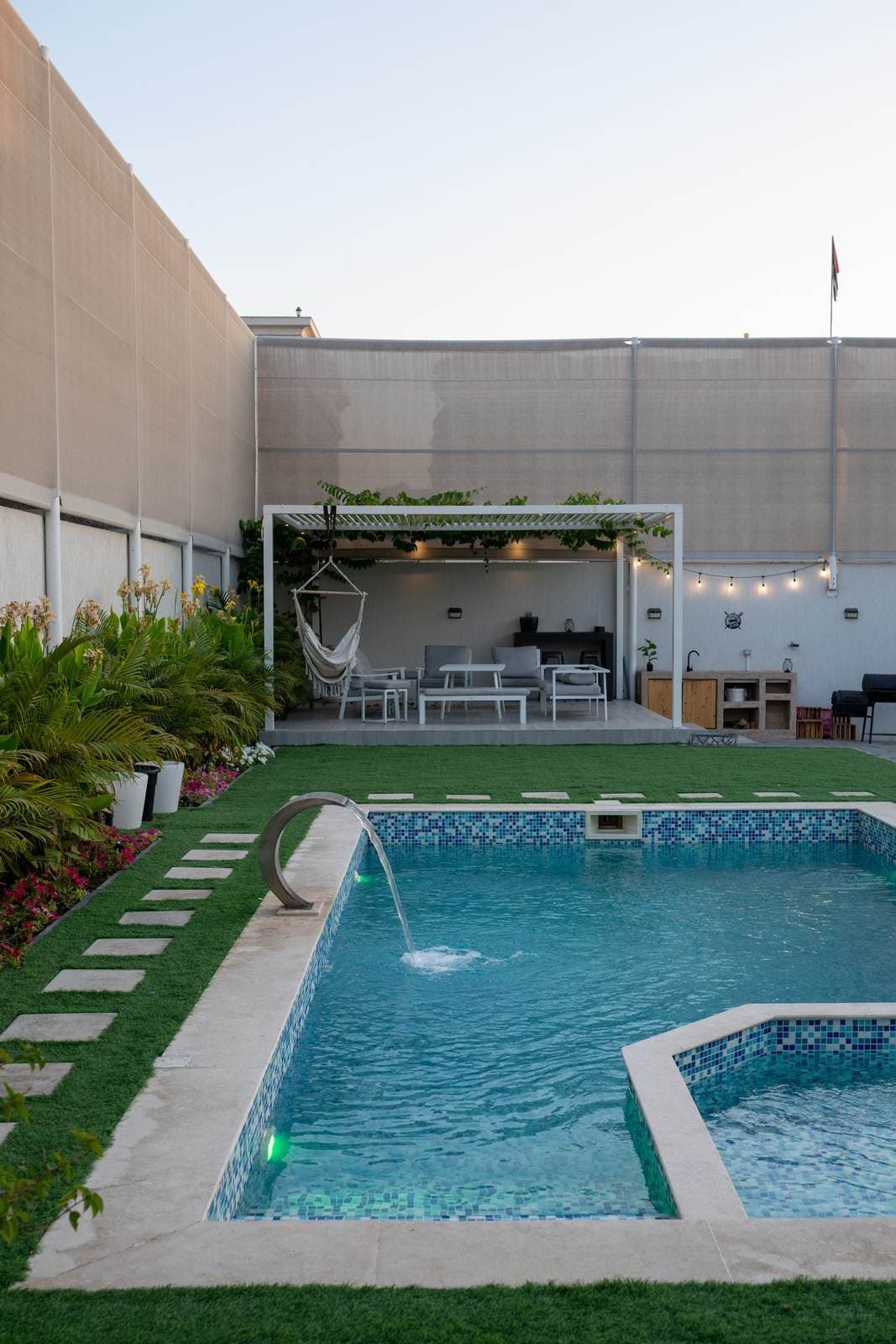 Pool and patio at dusk